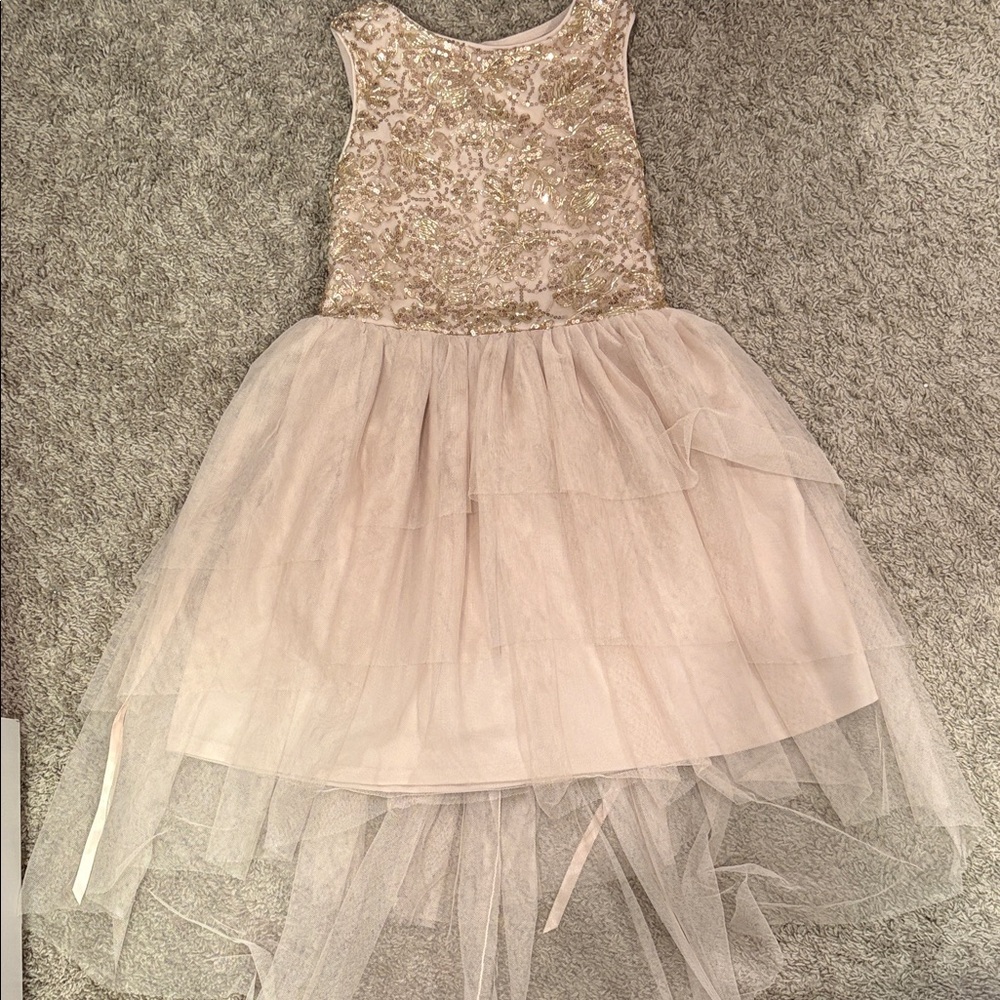 Zunie Girls Pale Pink & Gold Sequin Tulle Formal Dress